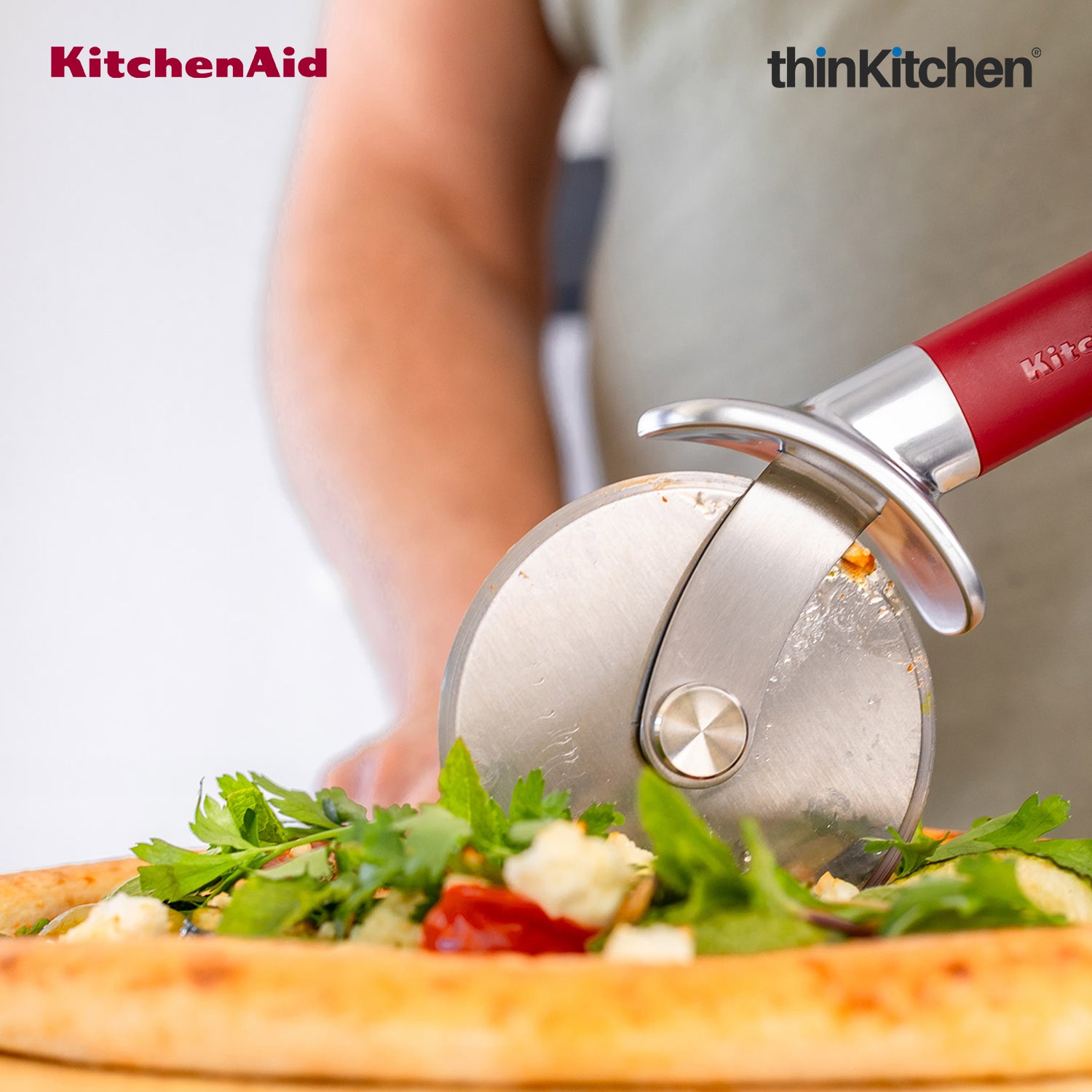 KitchenAid Stainless Steel Pizza Cutter with Finger Guard - Empire Red, 23.5cms - 2
