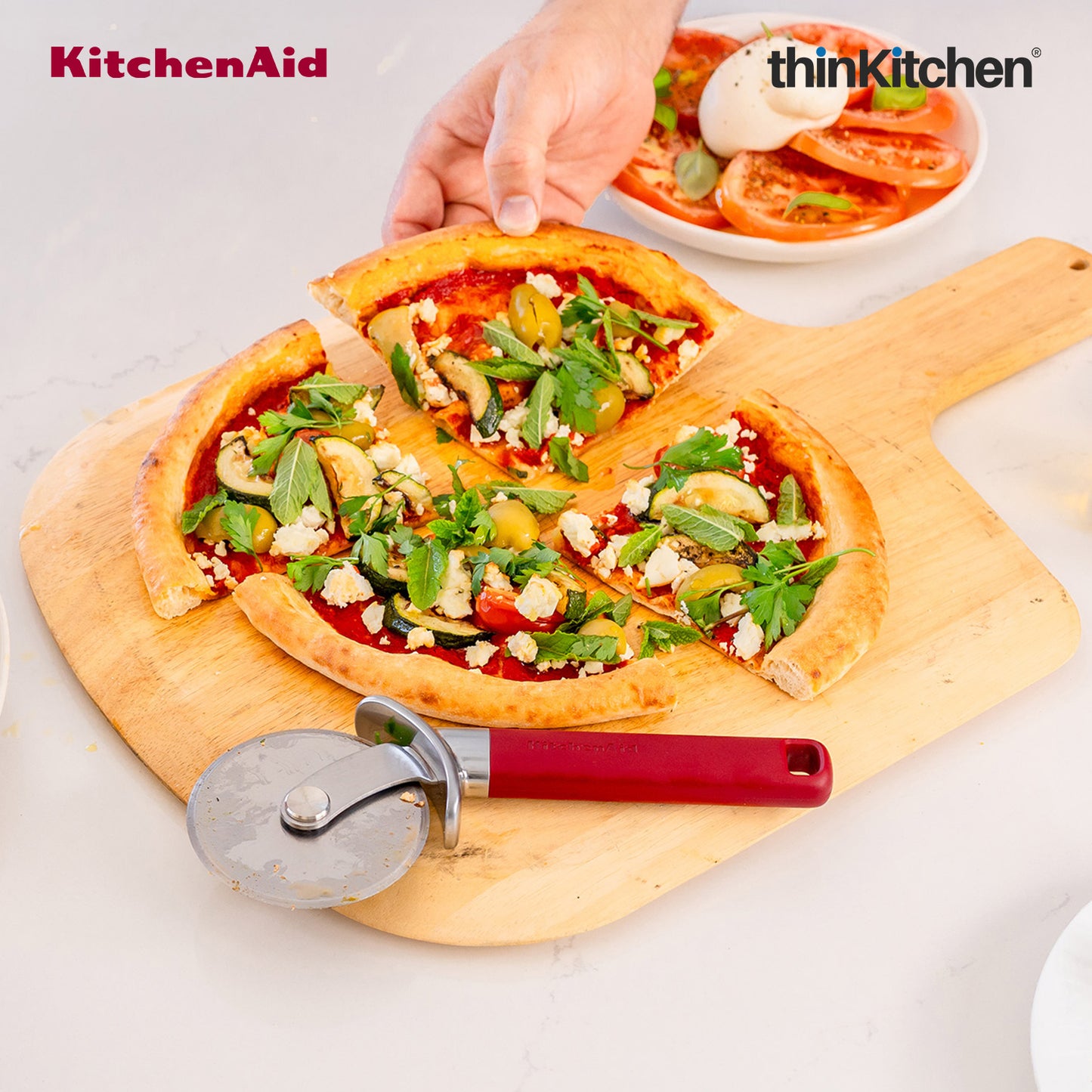 KitchenAid Stainless Steel Pizza Cutter with Finger Guard - Empire Red, 23.5cms