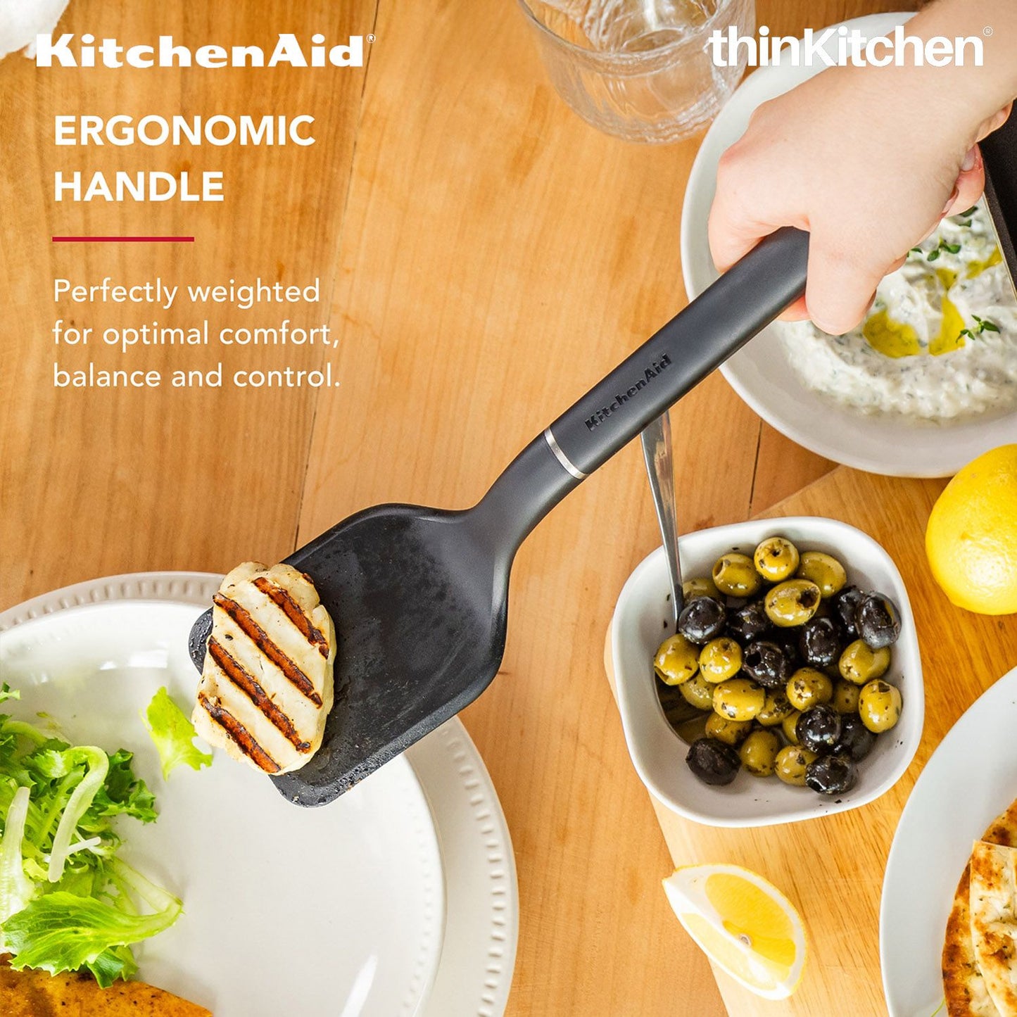 KitchenAid Solid Turner, Matte Black, Heat Resistant Cooking Utensil, Non-Stick Safe with Durable Handle, 34cm