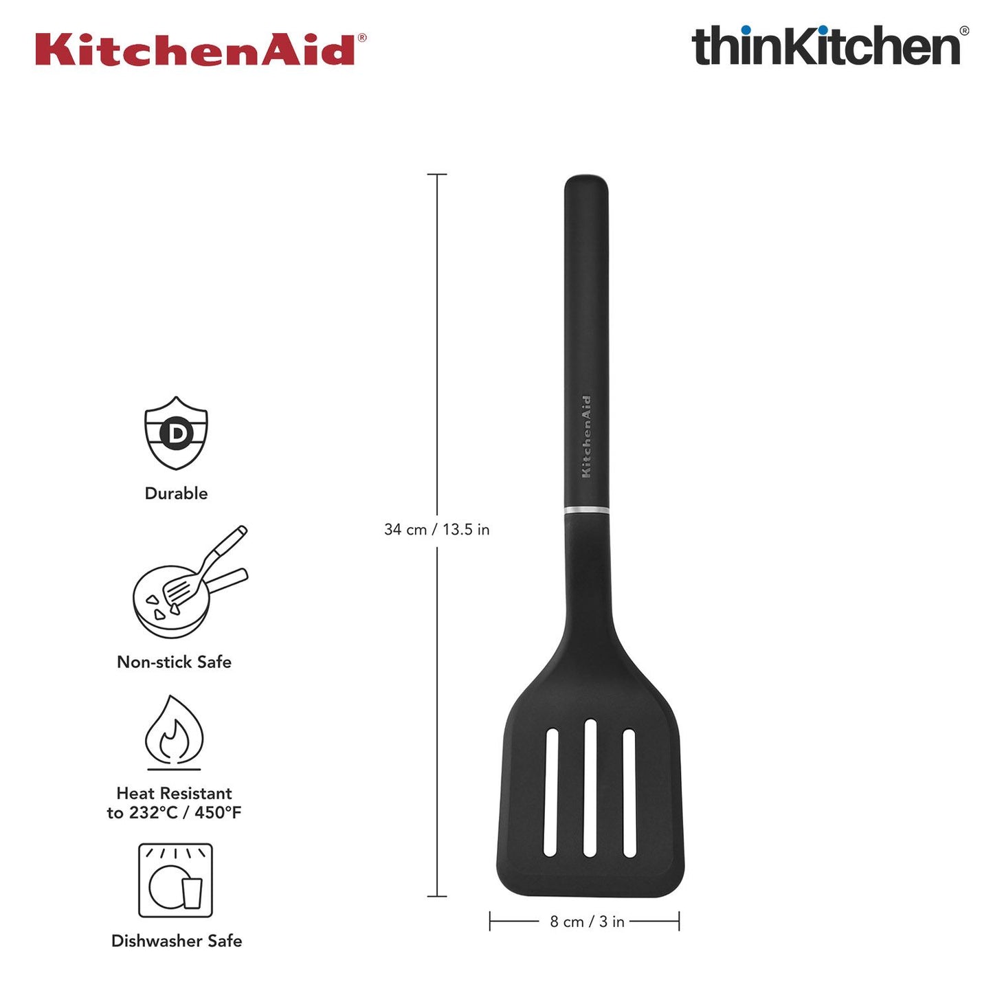 KitchenAid Slotted Turner, Matte Black, Heat Resistant Cooking Utensil, Non-Stick Safe with Durable Handle, 34cm