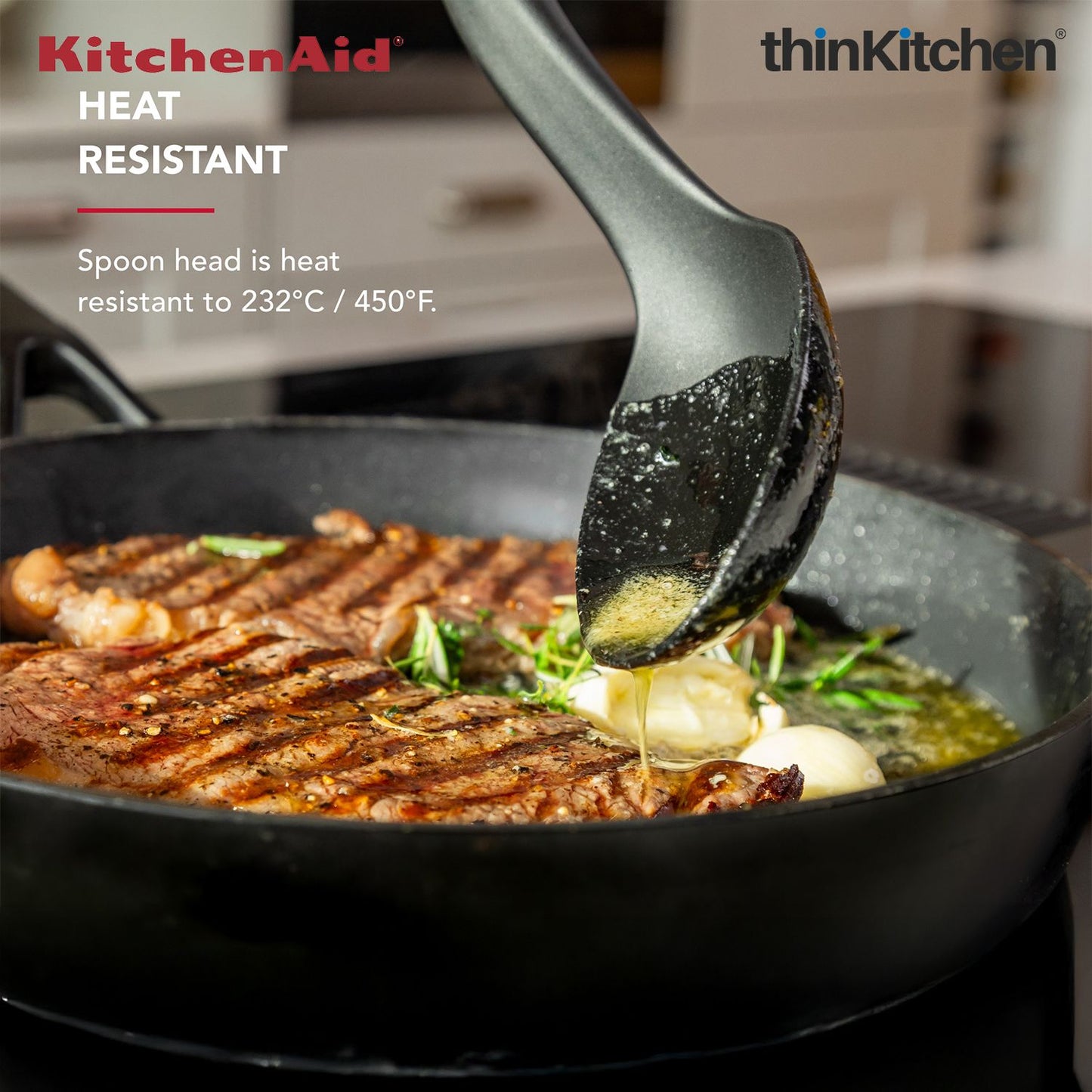 KitchenAid Cooking Spoon, Matte Black, Heat Resistant Cooking Utensil, Non-Stick Safe with Durable Handle, 34cm