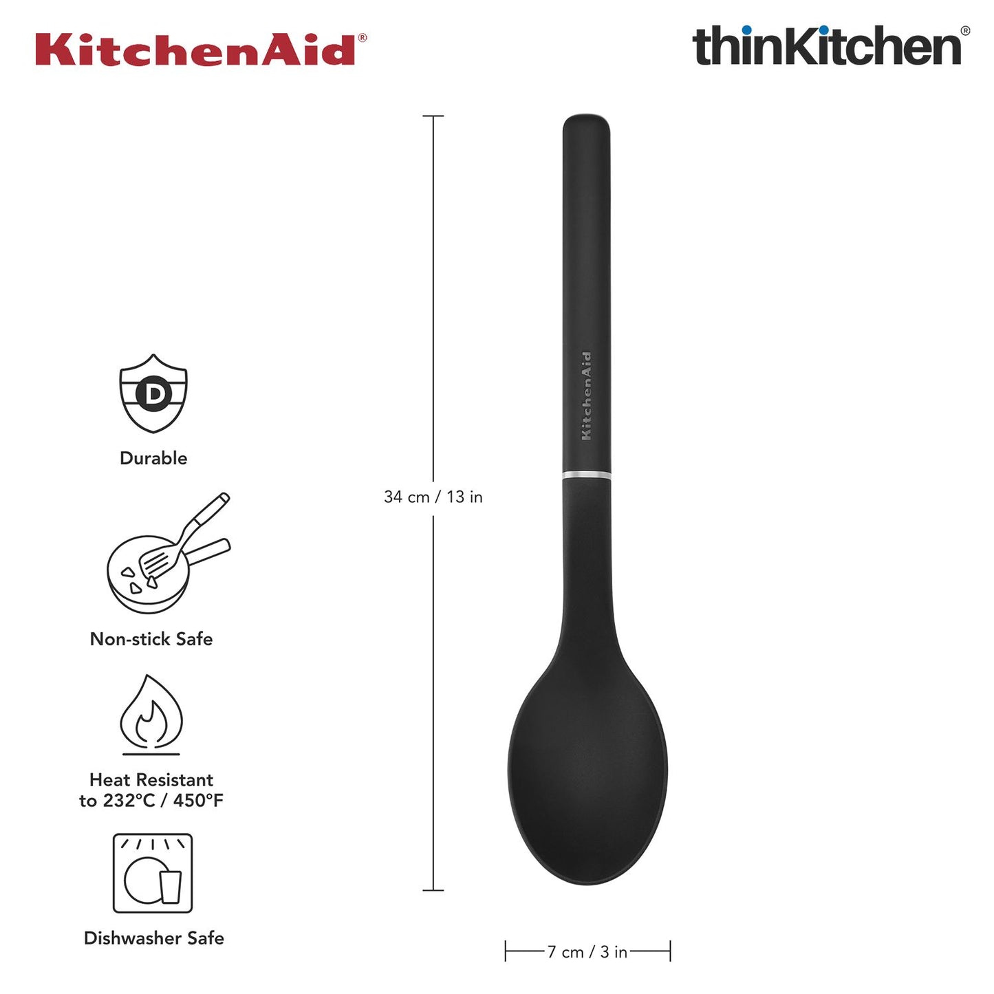 KitchenAid Cooking Spoon, Matte Black, Heat Resistant Cooking Utensil, Non-Stick Safe with Durable Handle, 34cm