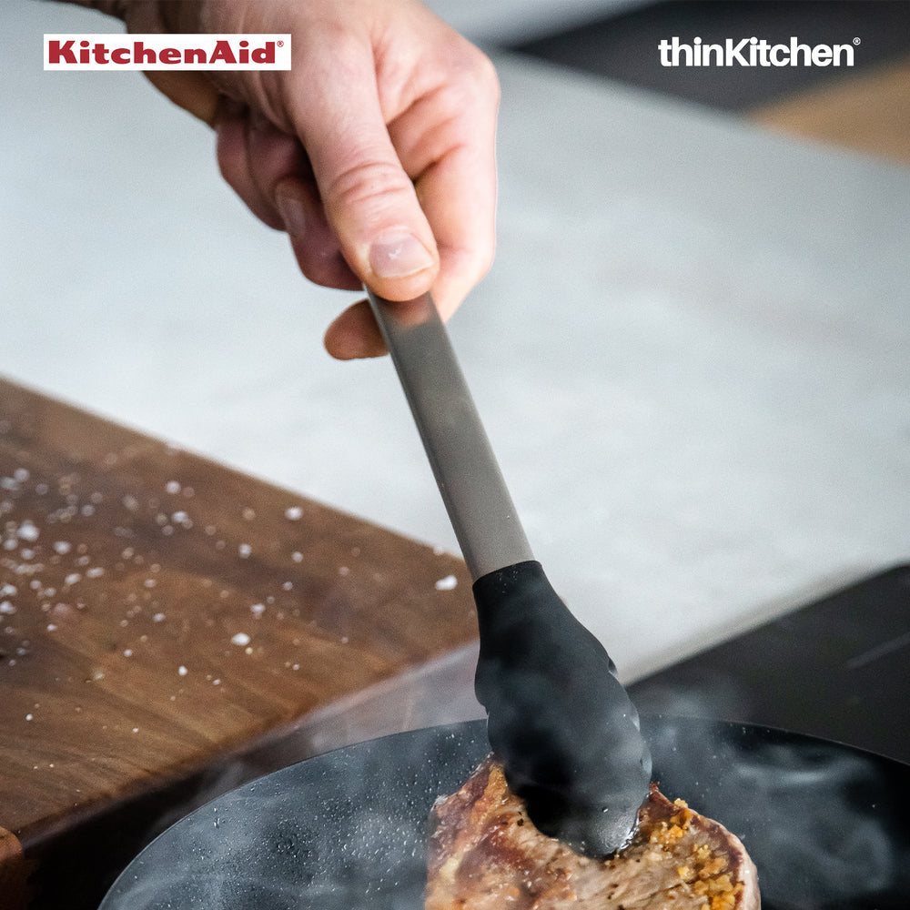 KitchenAid Premium Black Silicone Tipped Kitchen Tongs for Airfryer, Barbeque, Serving | Non-Stick, Heat Resistant, Click Lock
