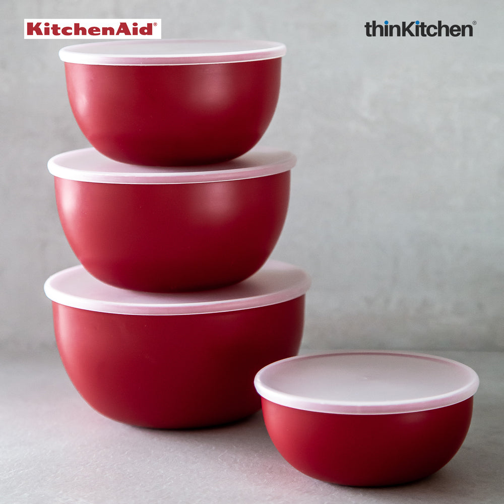 KitchenAid Plastic Prep Bowls for Kitchen Storage & Organisation Set of 4 with Lids, Red