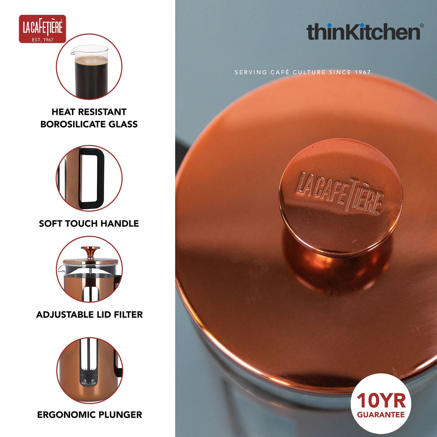 Premium 350ml 3-Cup French Press Coffee Maker, Copper