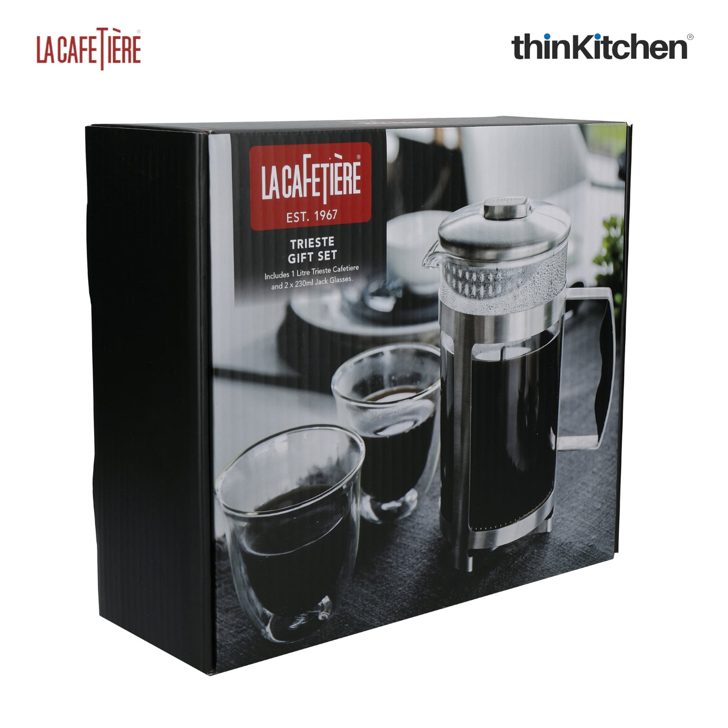 La Cafetiere Trieste Gift Set 1 Litre Cafetiere With Two 230ml Coffee Glasses