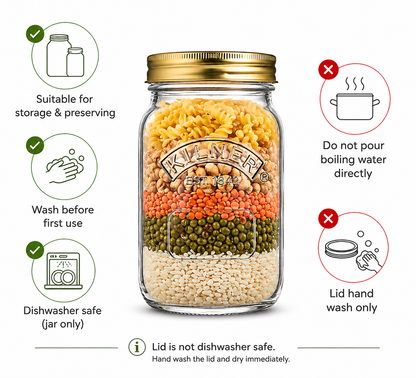 Kilner 1 Litre Leakproof Premium Preserve Glass Jar with Screw Lid, Ideal for Storing and Preserving
