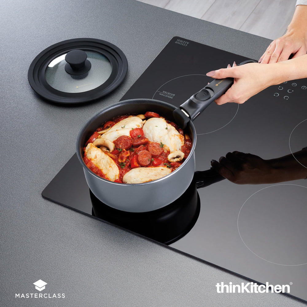 MasterClass Premium Smart Space 5 Pcs Non Stick Saucepan Set with Removable Handle & Universal Lid, Grey