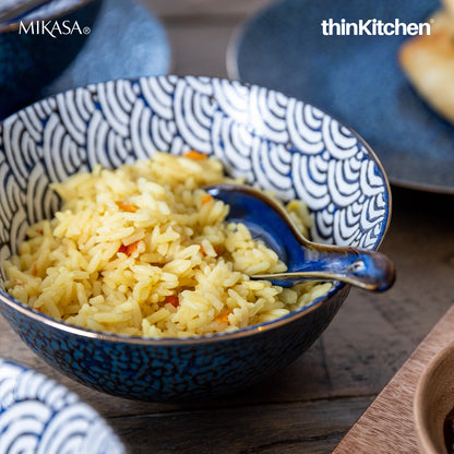 Mikasa Satori Indigo Elegance Set:  Porcelain Dinner Plate, 27cm x  Porcelain Rice Bowl, 16cm