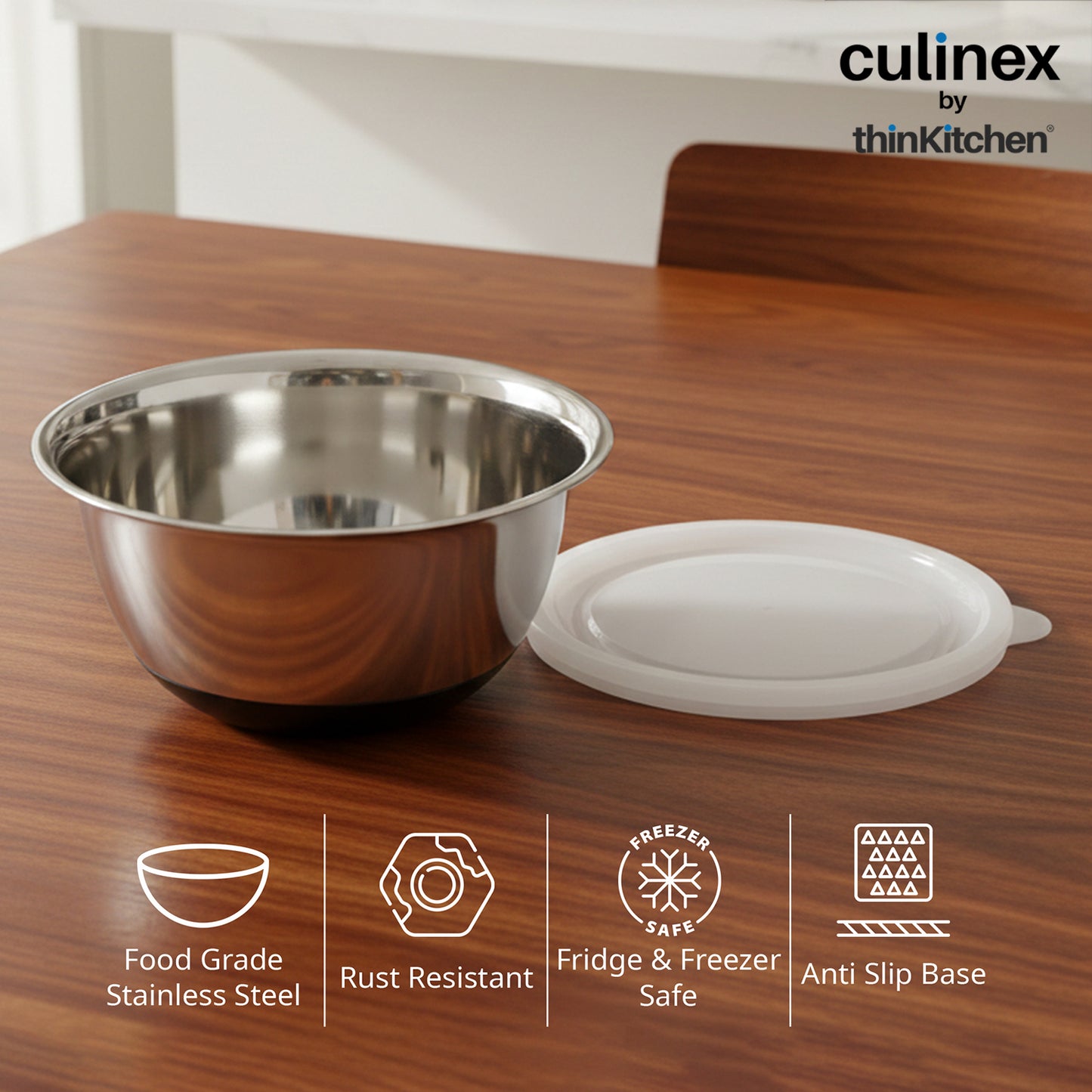 Culinex by thinKitchen Heavy-Duty 304 Stainless Steel Anti-Skid Mixing Bowl for Cakes, Dough, Eggs - 1pc (3800 ml) | Cooking, Prep, Mixing|By thinKitchen