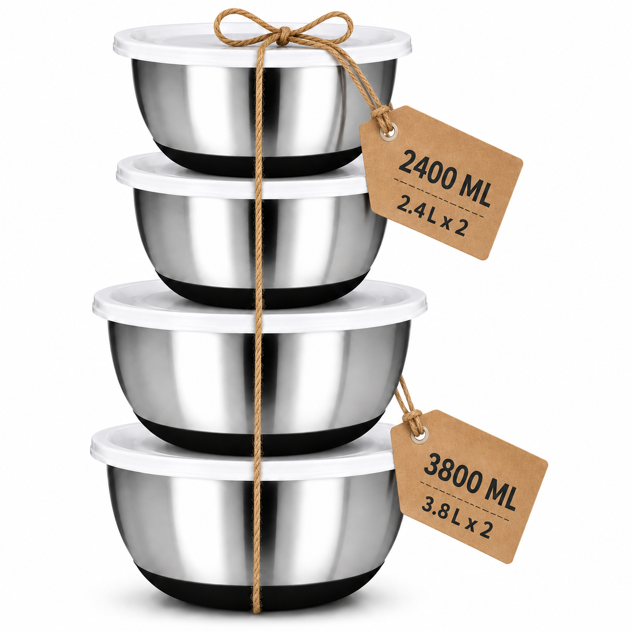 Culinex Premium Heavy Gauge 304 Stainless Steel Anti-Skid Mixing Bowl Set of 4 for Kitchen 2400ml, 3800ml for Cakes, Baking,Dough, Salads | Multipurpose Bowl for Cooking, Prep, Mixing, Beating - 1