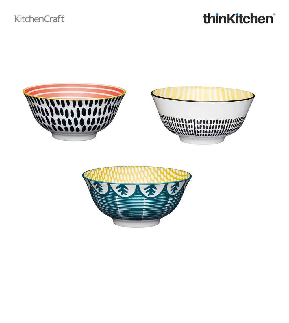 KitchenCraft 240ml x 3 Premium Ceramic Serving Bowl Set for Soup, Cereal, Noodles & Snacks