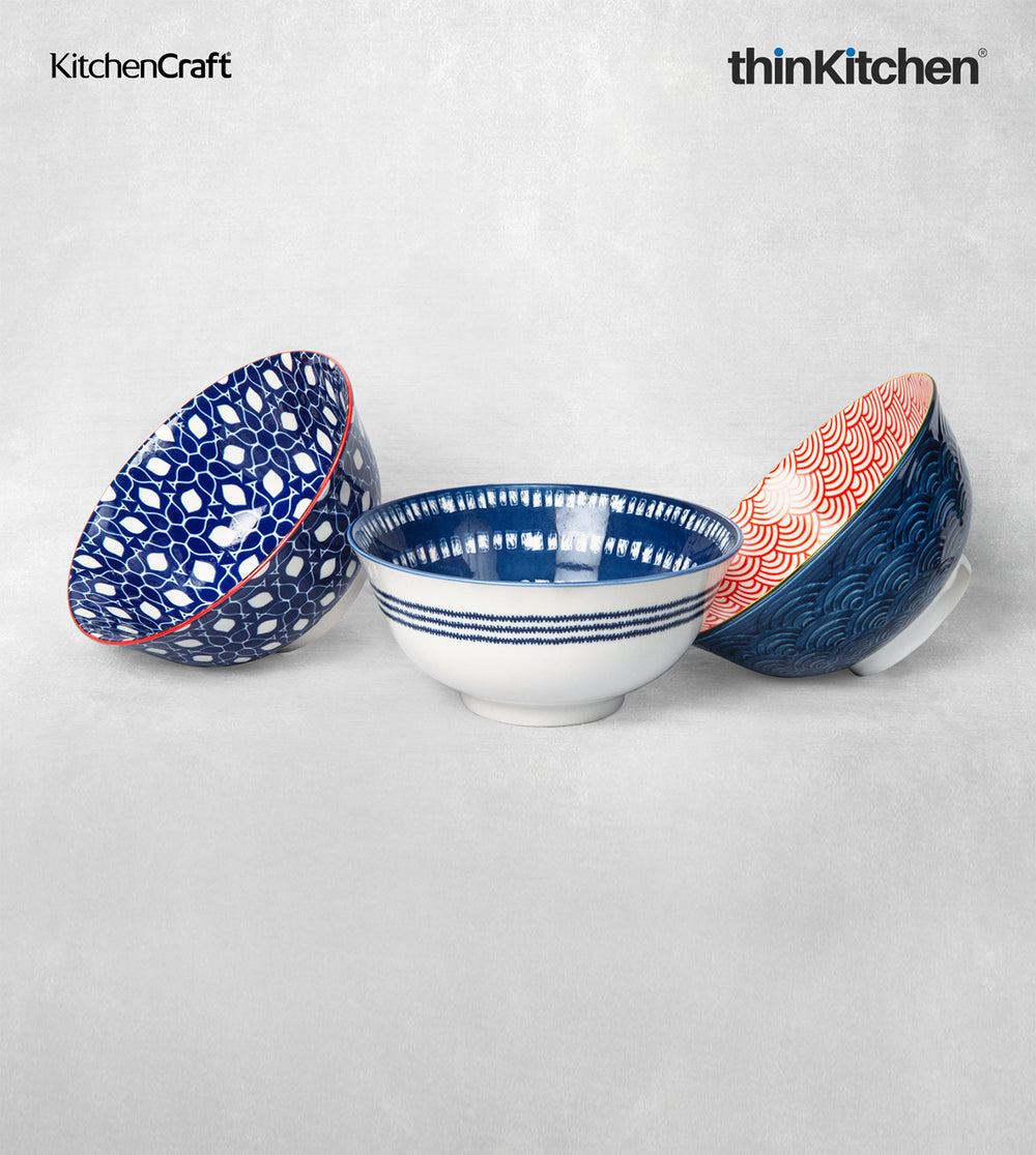 KitchenCraft 240ml x 3 Premium Greek Style CeramicServing Bowl Set for Soup, Cereal, Noodles & Snacks