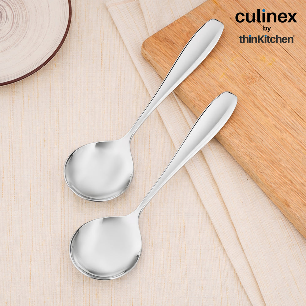 Culinex Stainless Steel 9.5" Premium Oval All Purpose Serving Spoon Set of 2, Deluxe| Silver Rustproof Dhshwasher Safe Flatware By thinKitchen