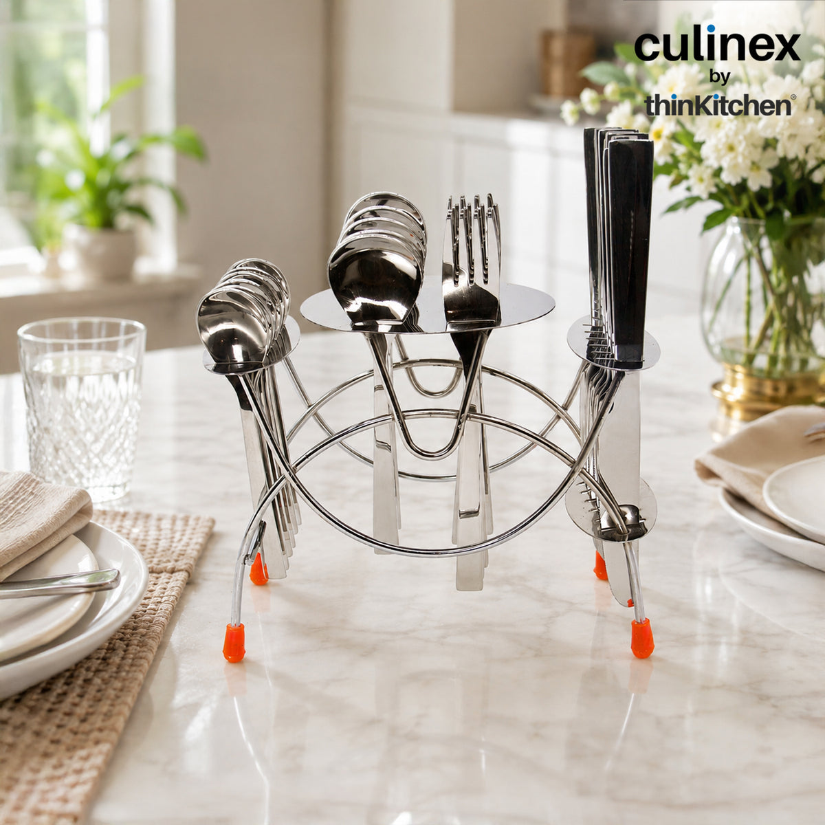 Culinex by thinKitchen | Oxford Cutlery  24 pc Set with stand - Dessert Spoon, Dessert fork, Dessert knife, Tea spoon, 6 each