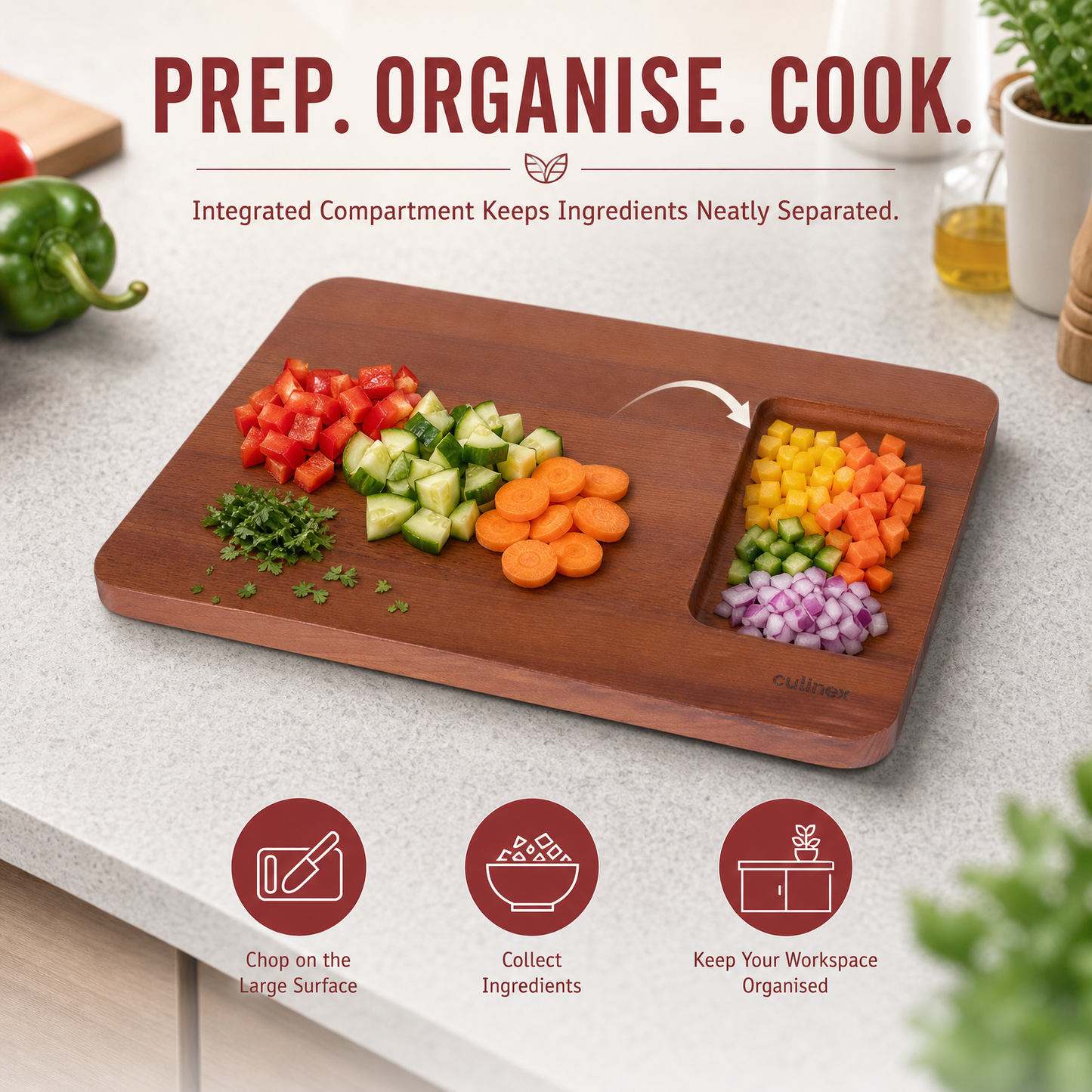 Culinex Beach Wood Premium Chopping and Serving Board | Carbonized 2-in-1 Cutting Board | Eco-Friendly, Durable