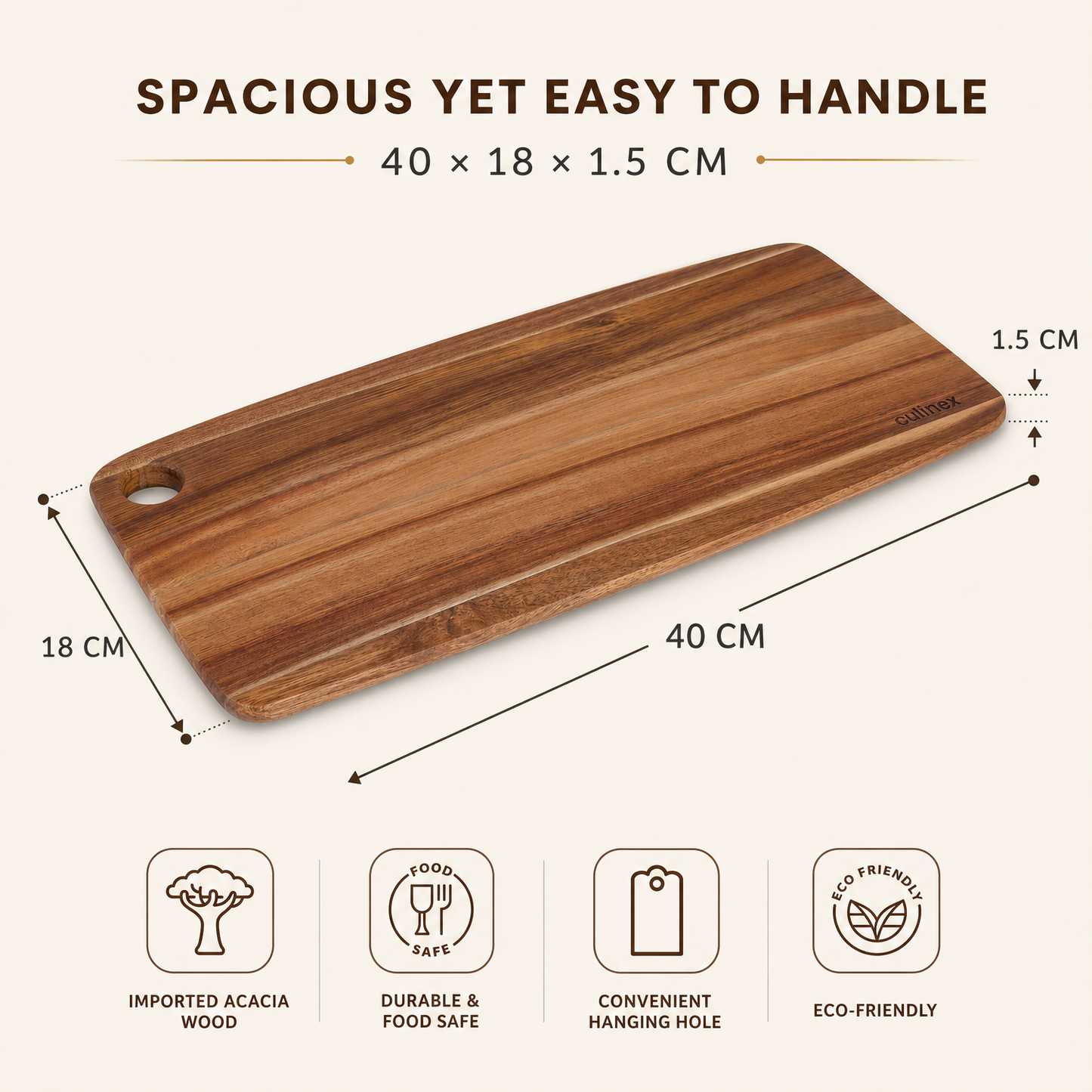 Culinex 2-in-1 Acacia Wood Premium Chopping, Cutting & Serving Board | Natural Solid Wood, Durable Wooden Kitchen Board with Hanging Hole