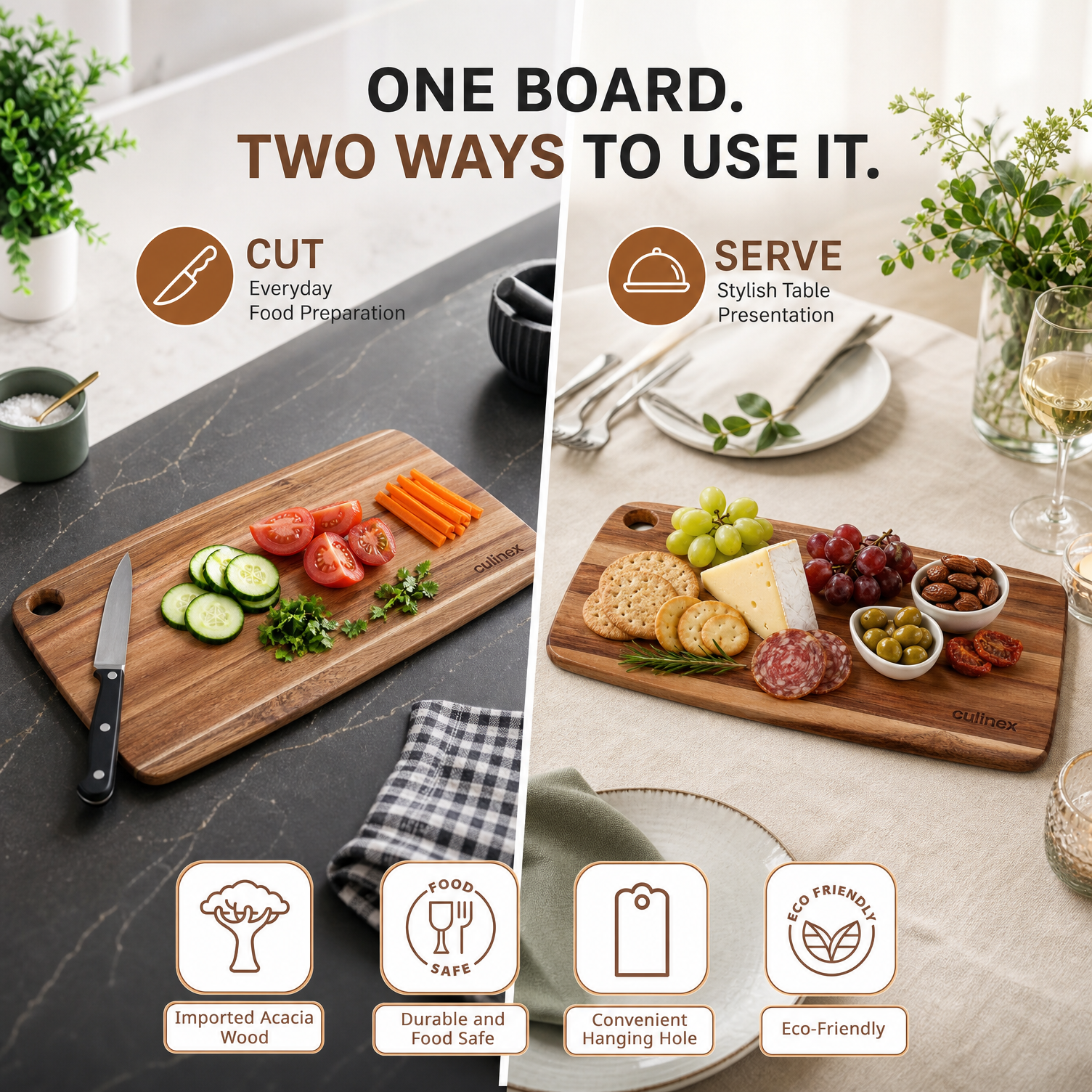 Culinex 2-in-1 Acacia Wood Premium Chopping, Cutting & Serving Board | Natural Solid Wood, Durable Wooden Kitchen Board with Hanging Hole - 5