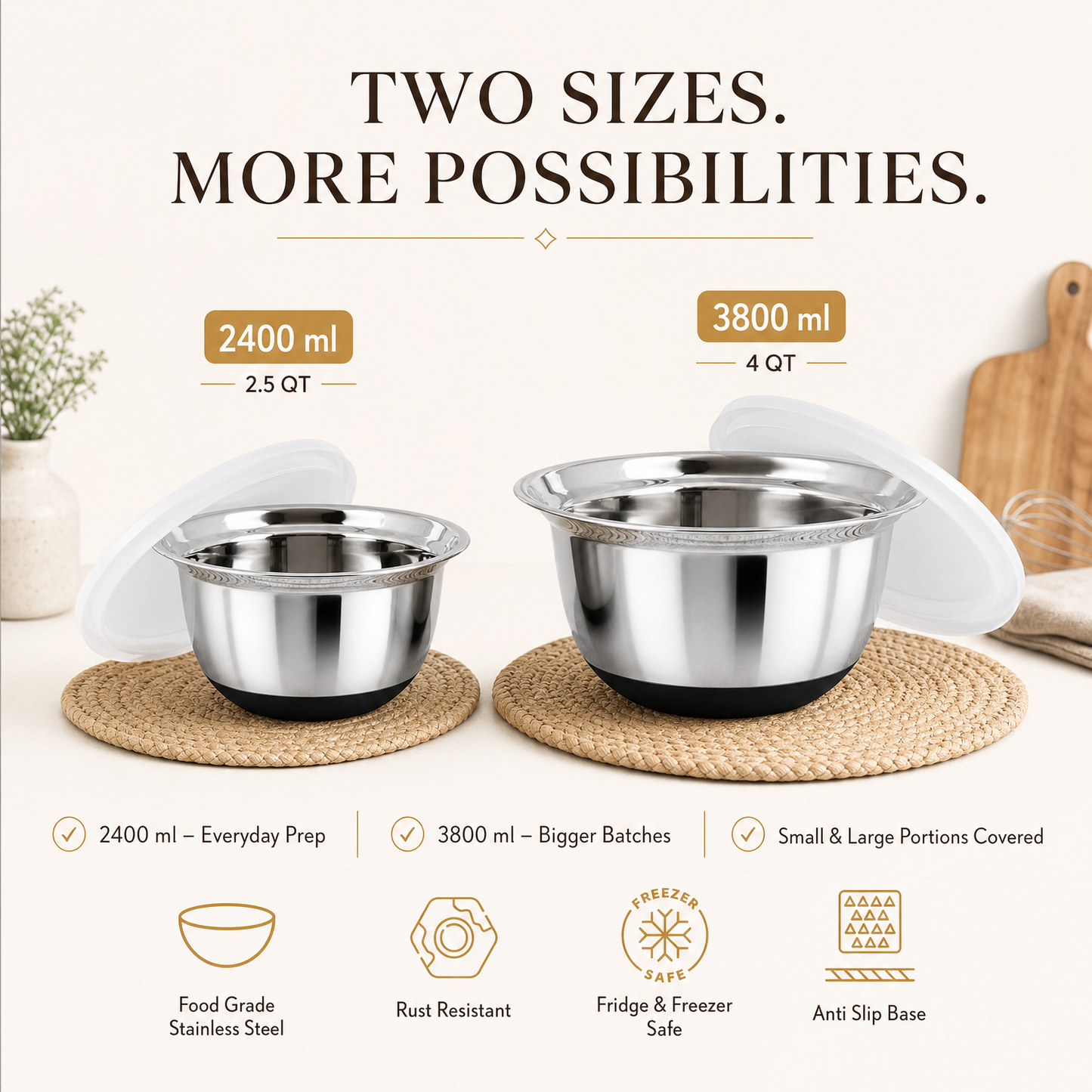Culinex Premium Heavy Gauge 304 Stainless Steel Anti-Skid Mixing Bowl Set of 4 for Kitchen 2400ml, 3800ml for Cakes, Baking,Dough, Salads | Multipurpose Bowl for Cooking, Prep, Mixing, Beating
