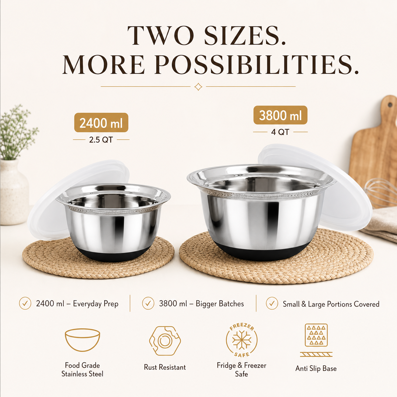 Culinex Premium Heavy Gauge 304 Stainless Steel Anti-Skid Mixing Bowl Set of 4 for Kitchen 2400ml, 3800ml for Cakes, Baking,Dough, Salads | Multipurpose Bowl for Cooking, Prep, Mixing, Beating - 7