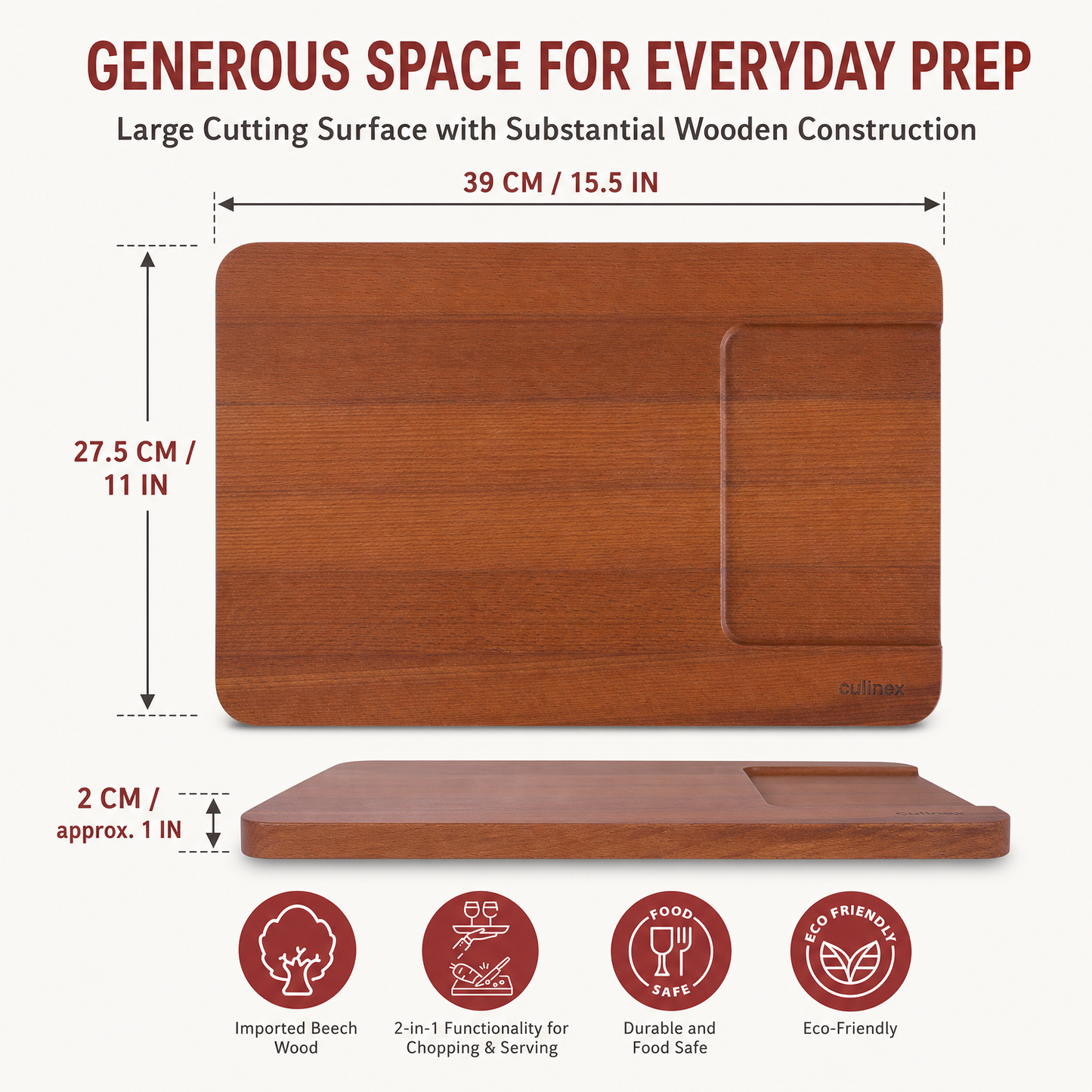 Culinex Beach Wood Premium Chopping and Serving Board | Carbonized 2-in-1 Cutting Board | Eco-Friendly, Durable