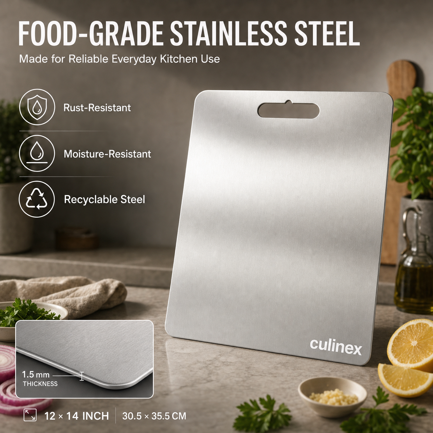 Premium Stainless Steel Chopping Board 1.5 mm Thick – 12 x 14 Inches | Food-Grade Metal Kitchen Cutting Board - 8