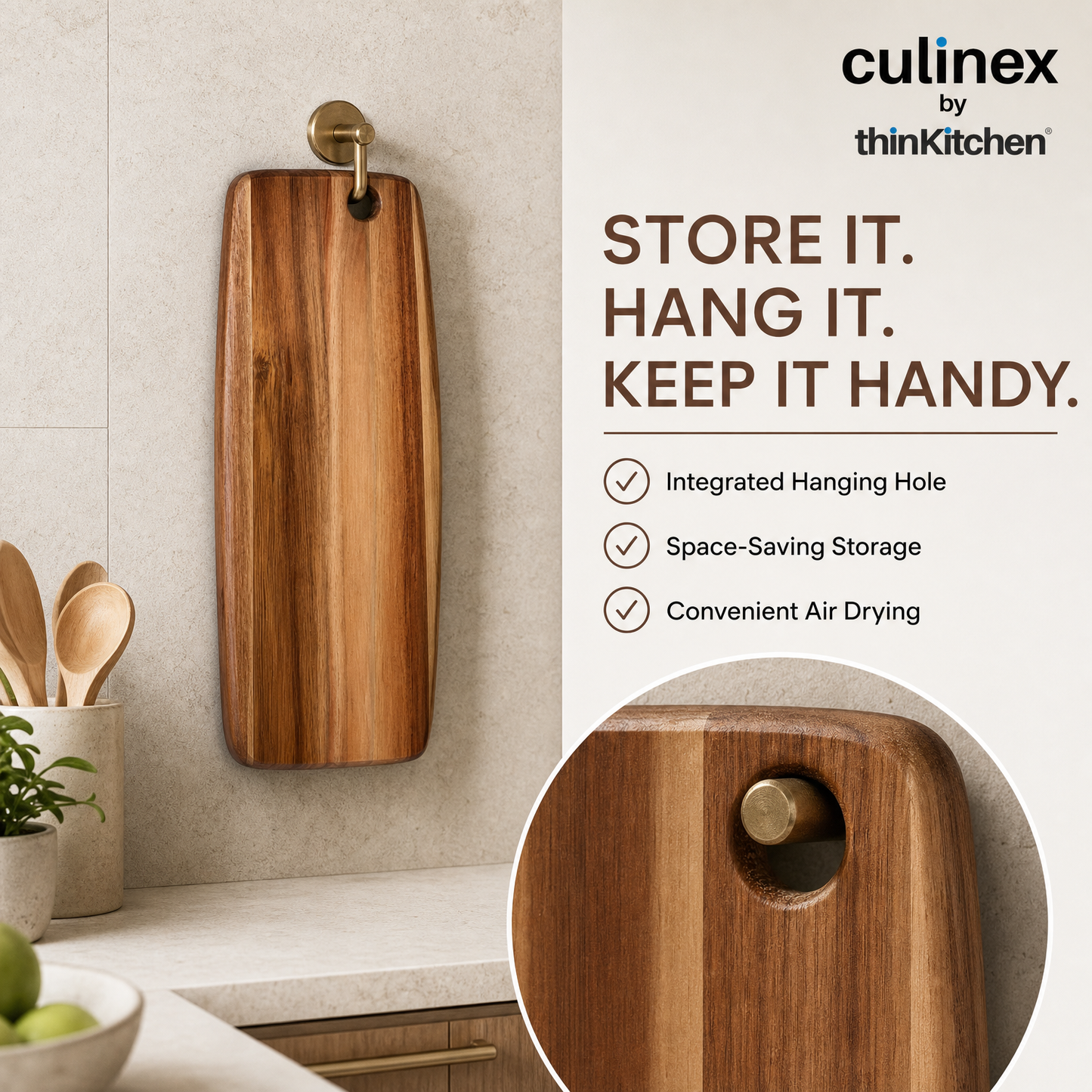 Culinex 2-in-1 Acacia Wood Premium Chopping, Cutting & Serving Board | Natural Solid Wood, Durable Wooden Kitchen Board with Hanging Hole