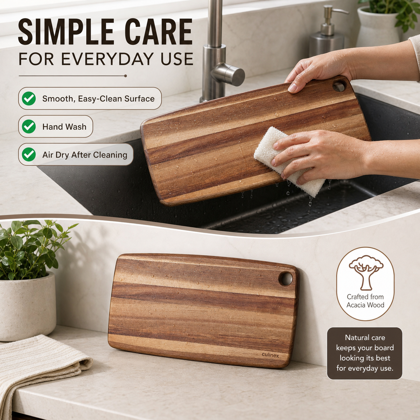 Culinex 2-in-1 Acacia Wood Premium Chopping, Cutting & Serving Board | Natural Solid Wood, Durable Wooden Kitchen Board with Hanging Hole