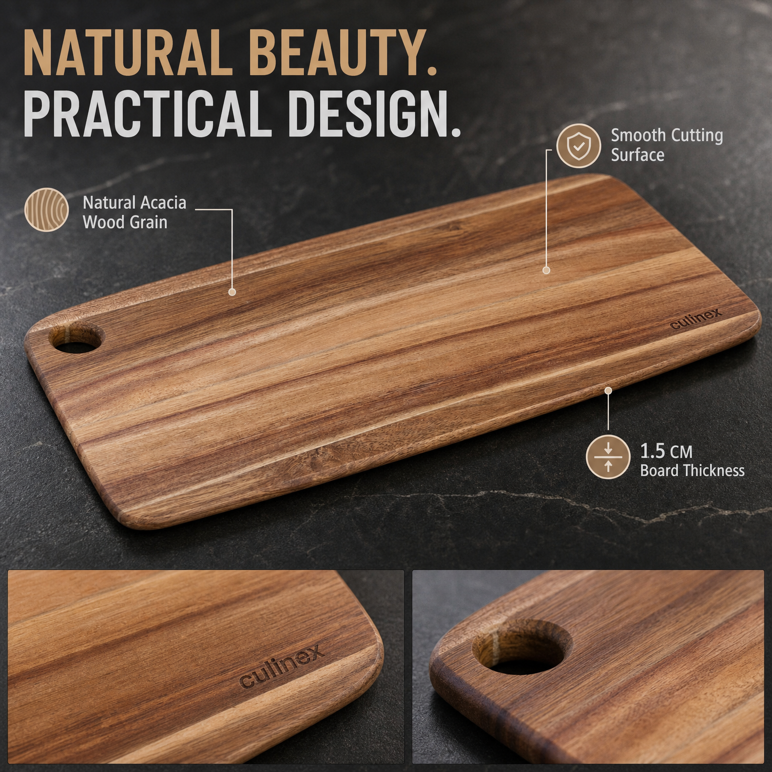 Culinex 2-in-1 Acacia Wood Premium Chopping, Cutting & Serving Board | Natural Solid Wood, Durable Wooden Kitchen Board with Hanging Hole - 11