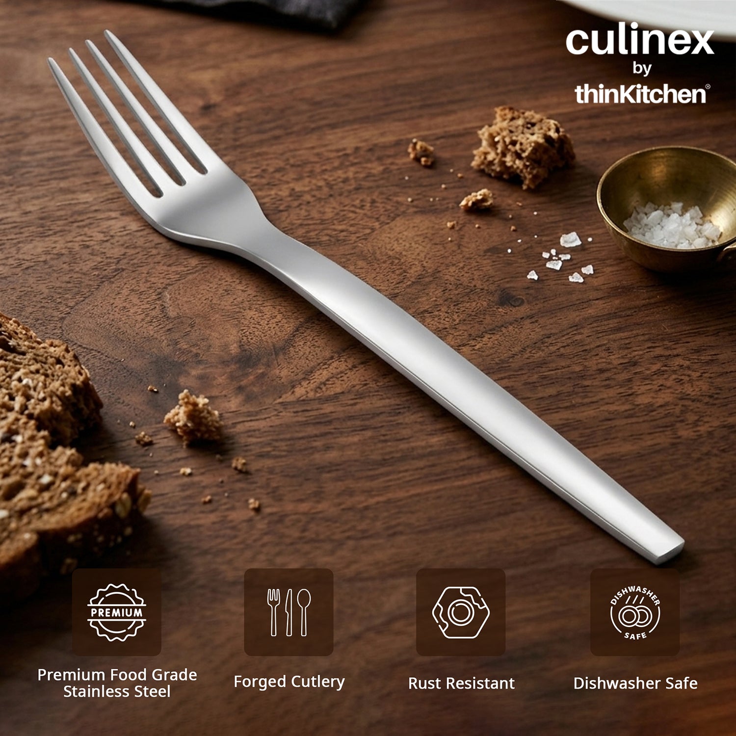Culinex by thinKitchen Stainless Steel 8" Dinner Fork Set of 6 for Dining Table, Kitchen | Silver Rustproof Flatware By thinKitchen (Queen) - 4