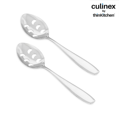 Culinex Stainless Steel 9.6" Premium Oval All Purpose Slotted Serving Spoon Set of 2 |  Silver Rustproof Flatware By thinKitchen (Deluxe)