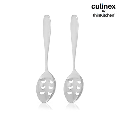 Culinex Stainless Steel 9.6" Premium Oval All Purpose Slotted Serving Spoon Set of 2 |  Silver Rustproof Flatware By thinKitchen (Deluxe)