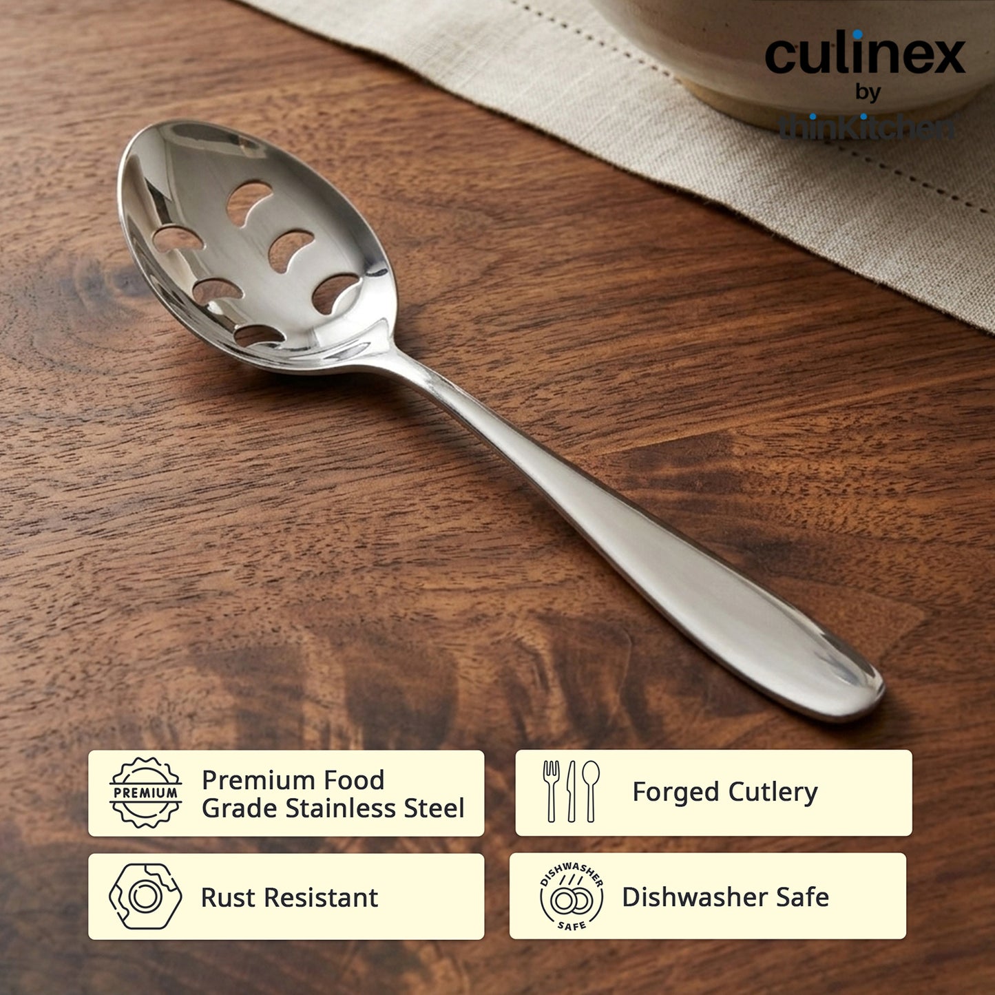 Culinex Stainless Steel 9.6" Premium Oval All Purpose Slotted Serving Spoon Set of 2 |  Silver Rustproof Flatware By thinKitchen (Deluxe)