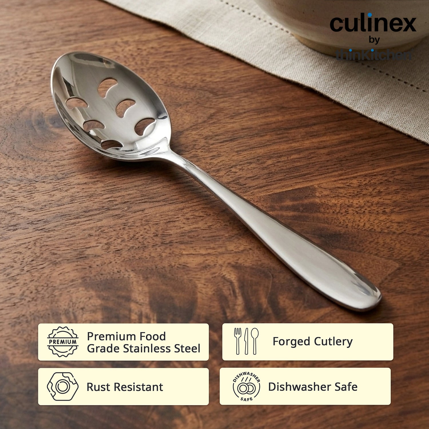 Culinex Stainless Steel 9.6" Premium Oval All Purpose Slotted Serving Spoon Set of 2 |  Silver Rustproof Flatware By thinKitchen (Deluxe) - 4