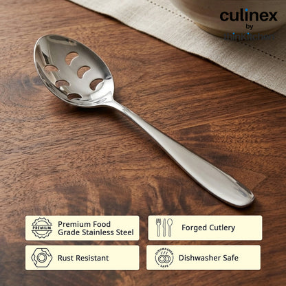 Culinex Stainless Steel 9.6" Premium Oval All Purpose Slotted Serving Spoon Set of 2 |  Silver Rustproof Flatware By thinKitchen (Deluxe)