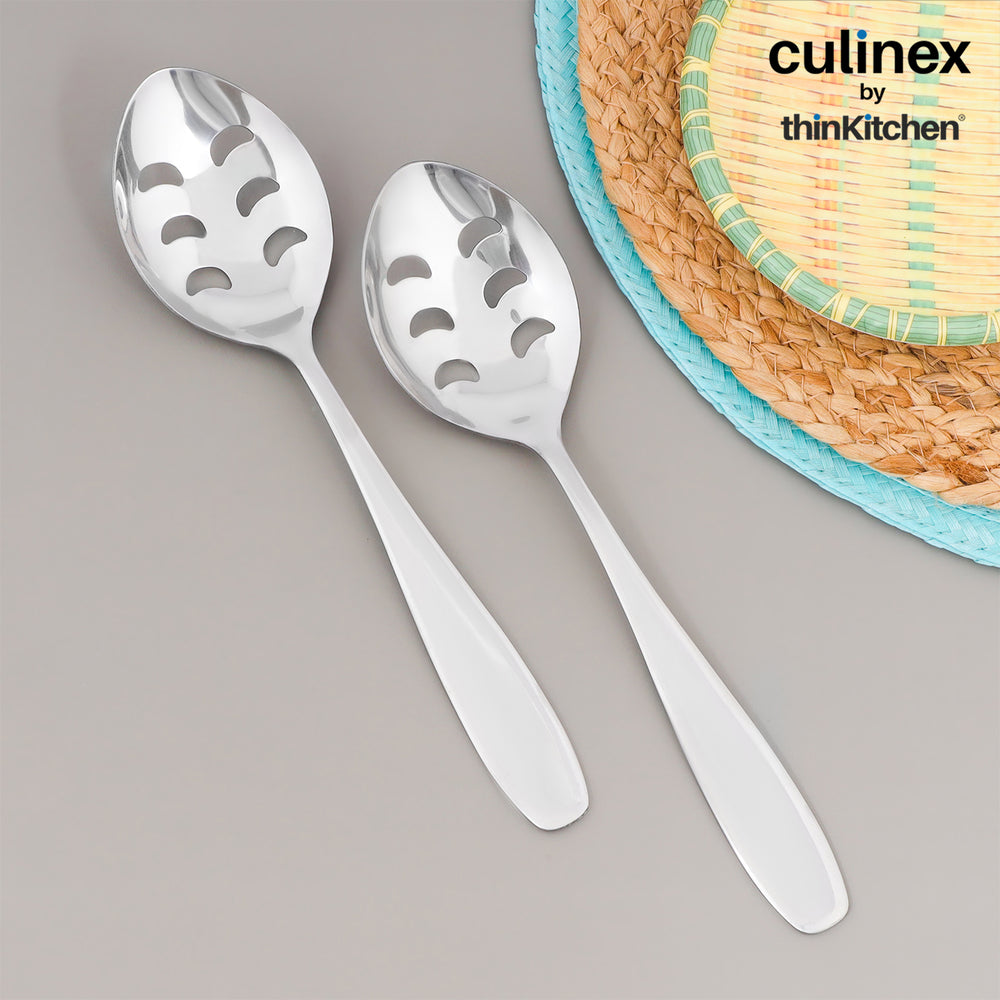 Culinex Stainless Steel 9.6" Premium Oval All Purpose Slotted Serving Spoon Set of 2 |  Silver Rustproof Flatware By thinKitchen (Deluxe)
