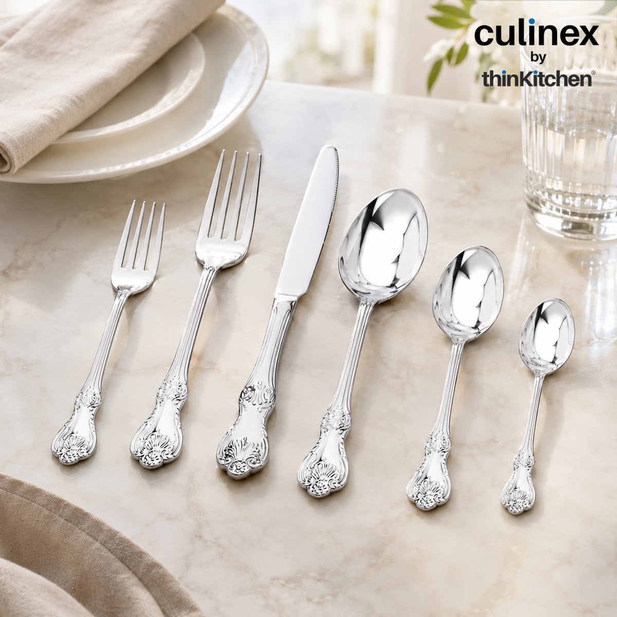 Culinex by thinKitchen | Cutlery 24 pc Set - Table spoon, table fork, table knife, dessert spoon, dessert fork, and coffee spoon, 4 each - 1