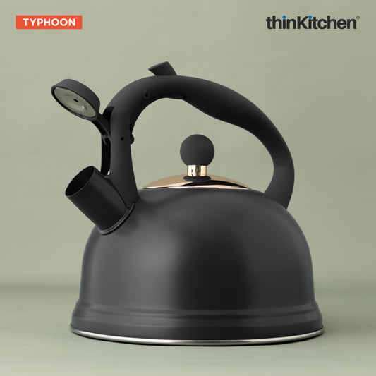 TYPHOON OTTO WHISTLING KETTLE Otto Black. Gold Lid. Stainless Steel. Sleeve 1.8 ltr