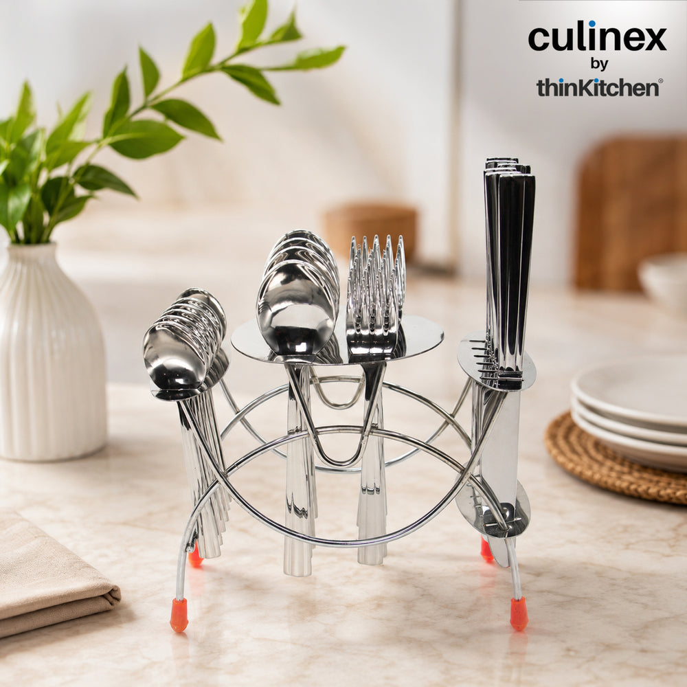 Culinex by thinKitchen | Unity Cutlery 24 pc Set with stand - Dessert Spoon, Dessert fork, Dessert knife, Tea spoon, 6 each