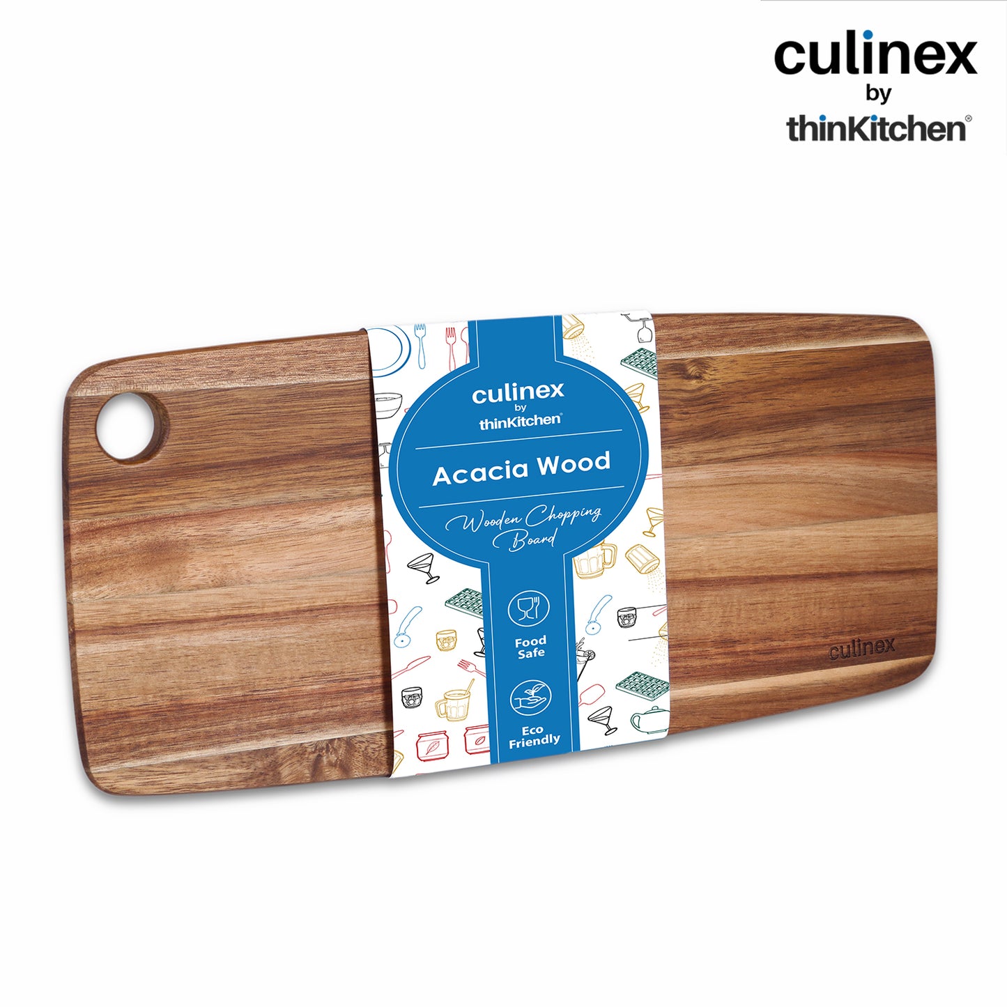 Culinex by thinKitchen 2-in-1 Acacia Wood Chopping, Cutting & Serving Board | Natural Solid Wood, Durable Wooden Kitchen Board with Hanging Hole