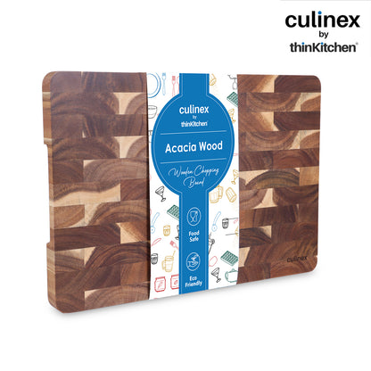 Culinex by thinKitchen End-Grain Wooden Chopping Board | Solid Acacia Wood Butcher Block | Heavy-Duty Chopping, Carving & Serving Board | Reversible Design with Side Handles