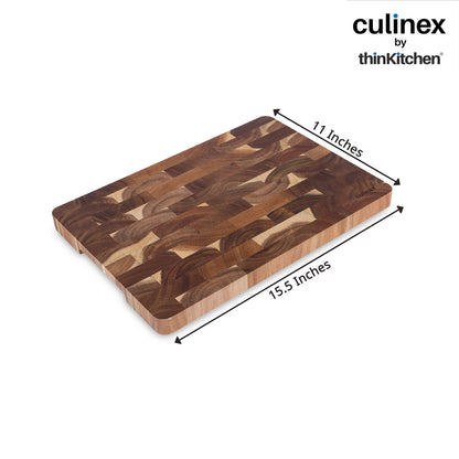 Culinex by thinKitchen End-Grain Wooden Chopping Board | Solid Acacia Wood Butcher Block | Heavy-Duty Chopping, Carving & Serving Board | Reversible Design with Side Handles