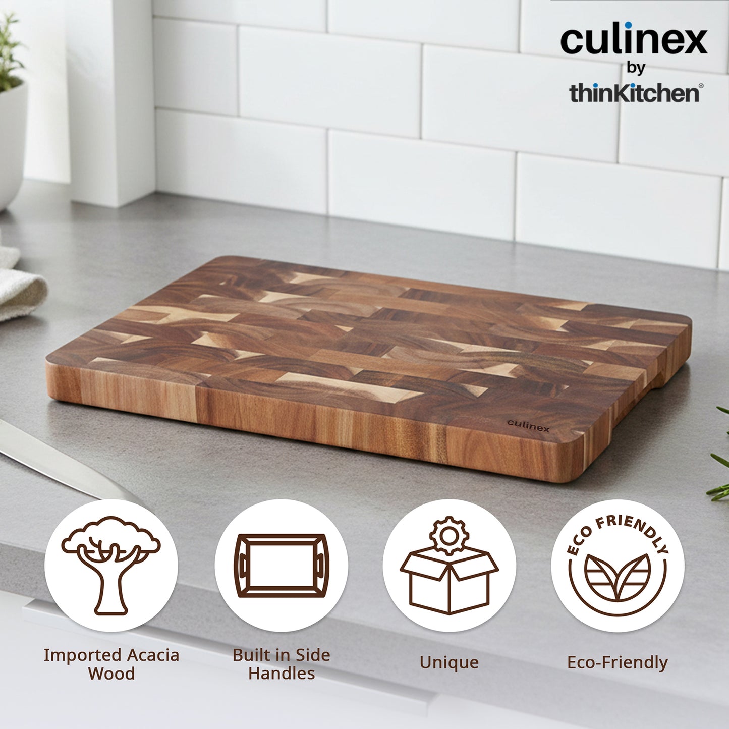 Culinex by thinKitchen End-Grain Wooden Chopping Board | Solid Acacia Wood Butcher Block | Heavy-Duty Chopping, Carving & Serving Board | Reversible Design with Side Handles