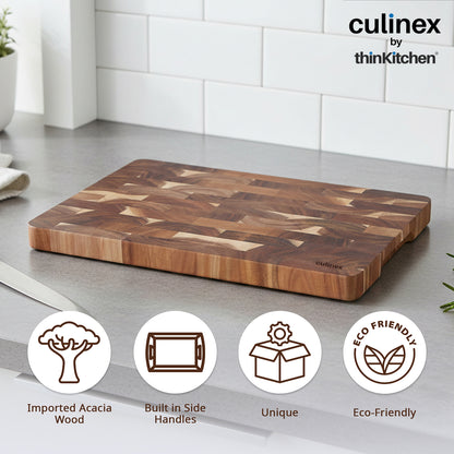 Culinex by thinKitchen End-Grain Wooden Chopping Board | Solid Acacia Wood Butcher Block | Heavy-Duty Chopping, Carving & Serving Board | Reversible Design with Side Handles