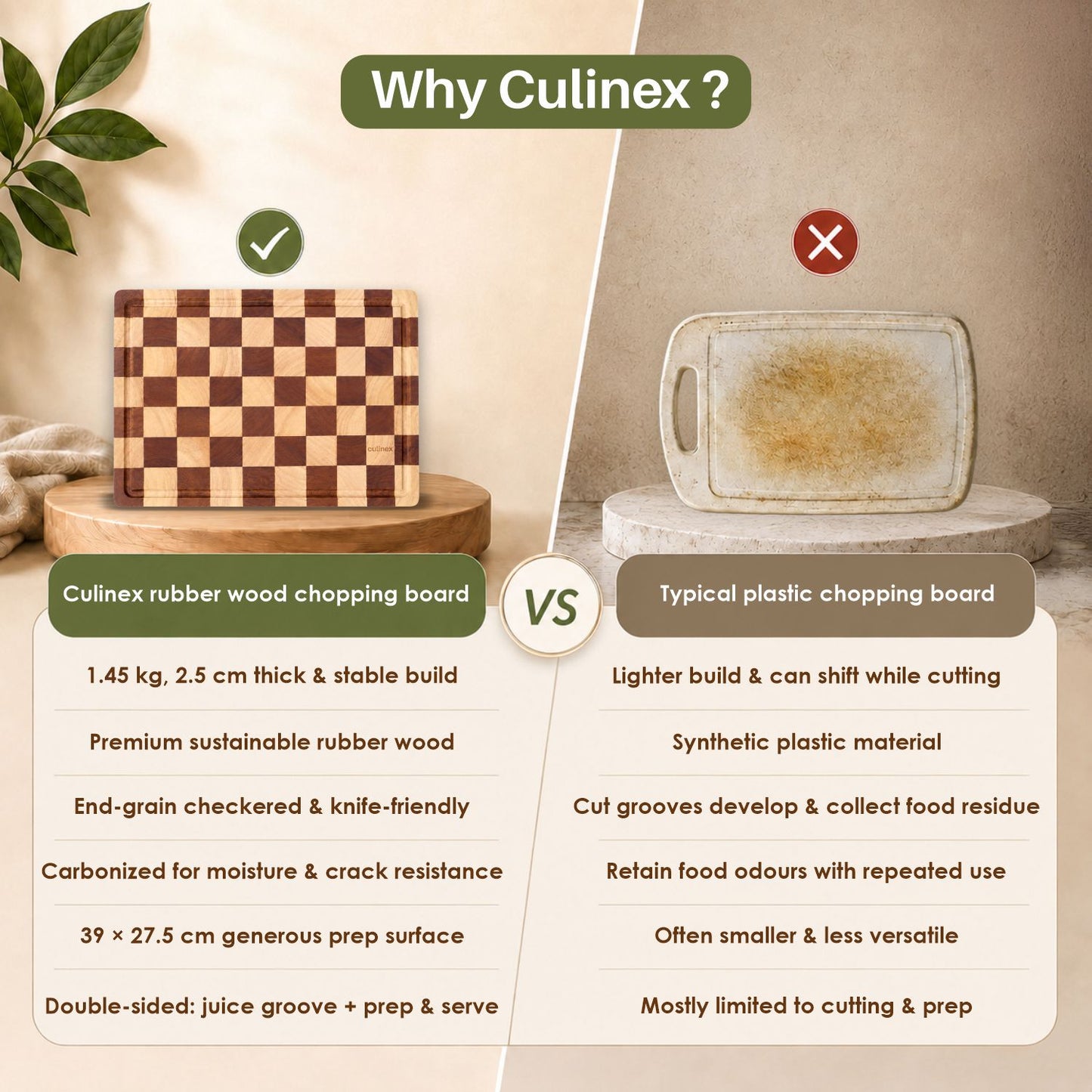 Culinex Double-Sided Premium Cutting Board | Rubber Wood & Carbonized Rubber Wood, Checkered Design with Juice Groove