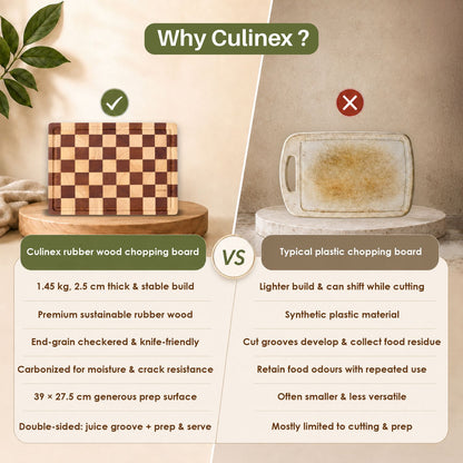 Culinex Double-Sided Premium Cutting Board | Rubber Wood & Carbonized Rubber Wood, Checkered Design with Juice Groove