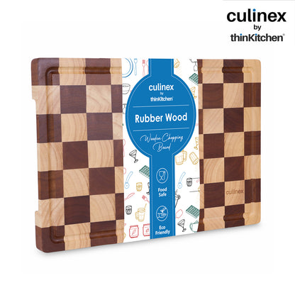 Culinex by thinKitchen Double-Sided Cutting Board | Rubber Wood & Carbonized Rubber Wood, Checkered Design with Juice Groove | Eco-Friendly Hardwood
