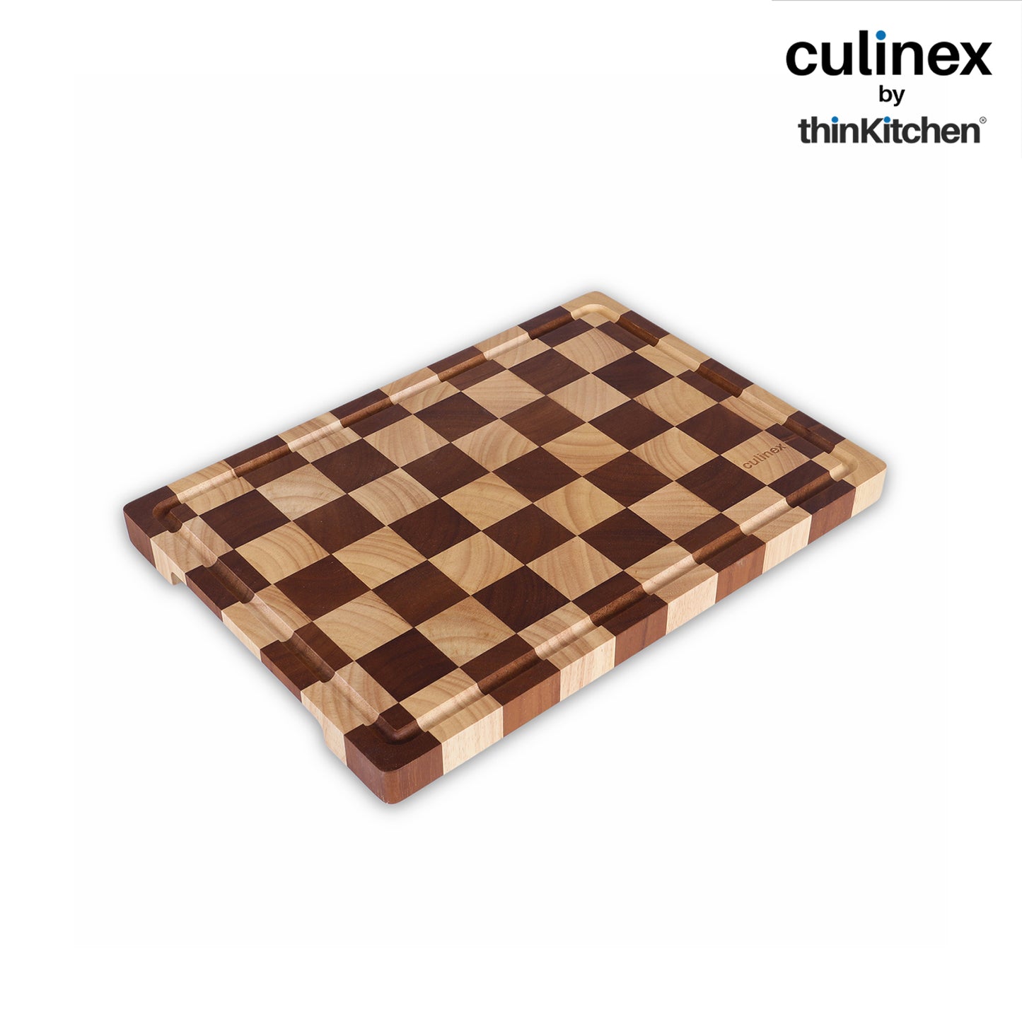 Culinex by thinKitchen Double-Sided Cutting Board | Rubber Wood & Carbonized Rubber Wood, Checkered Design with Juice Groove | Eco-Friendly Hardwood