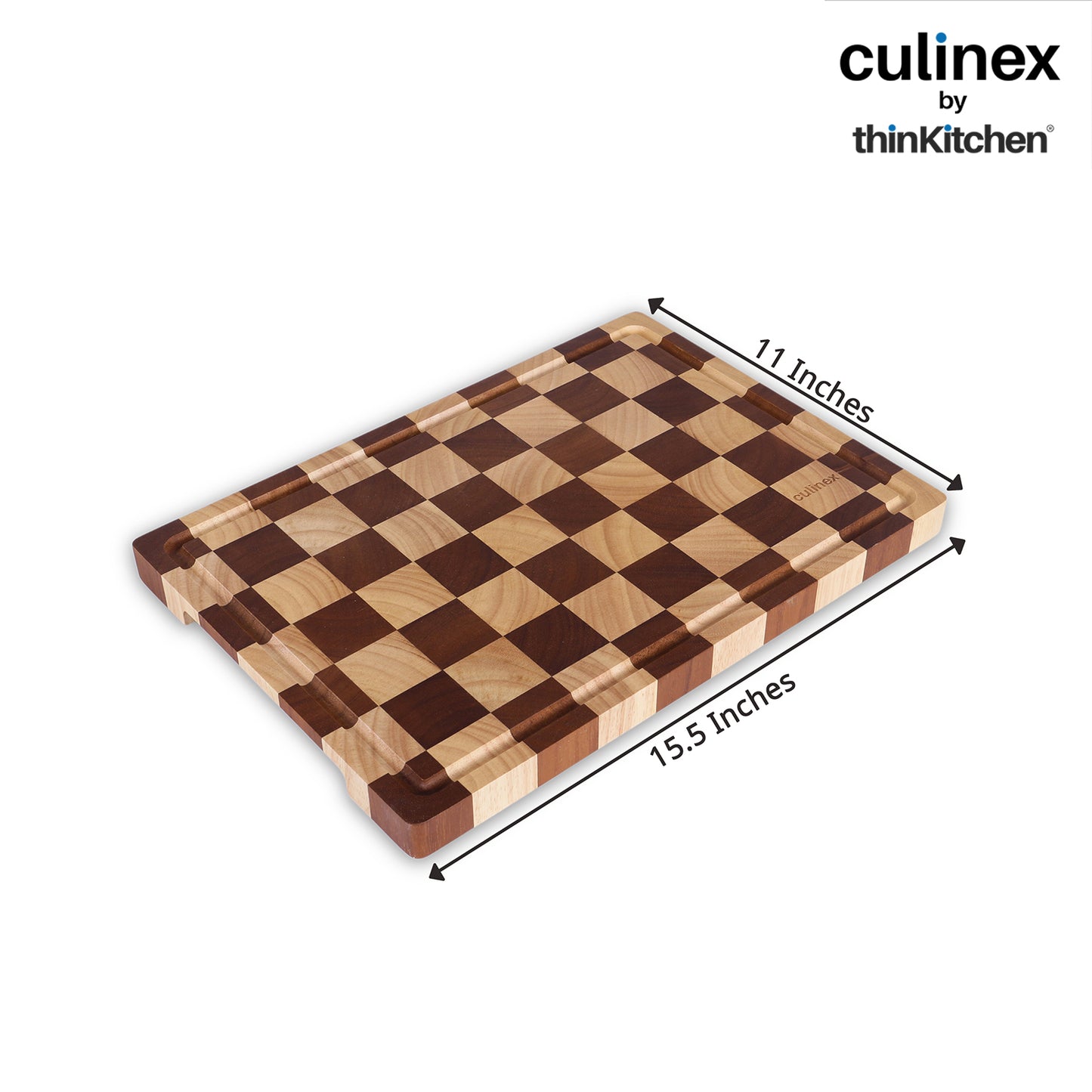 Culinex by thinKitchen Double-Sided Cutting Board | Rubber Wood & Carbonized Rubber Wood, Checkered Design with Juice Groove | Eco-Friendly Hardwood