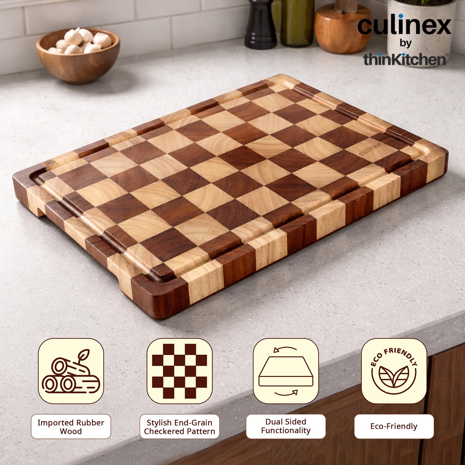 Culinex by thinKitchen Double-Sided Cutting Board | Rubber Wood & Carbonized Rubber Wood, Checkered Design with Juice Groove | Eco-Friendly Hardwood - 3
